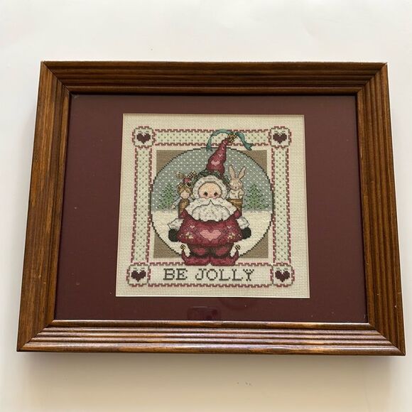 Vintage Christmas Santa Cross Stitch Framed Art Matted picture wall hanging - Picture 1 of 8